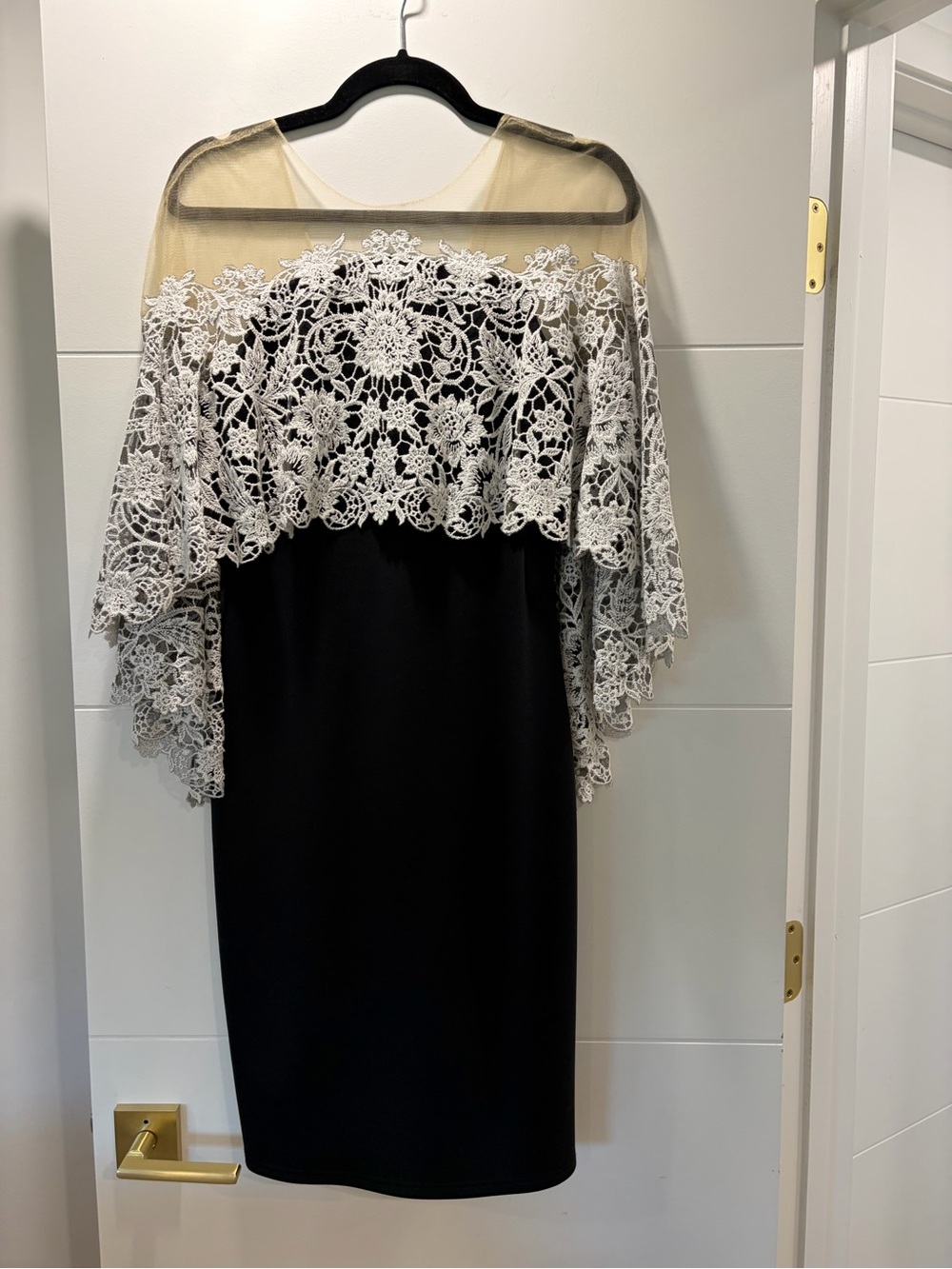 Tadashi Shoji Black Midi Dress with Ivory Floral Lace Capelet
